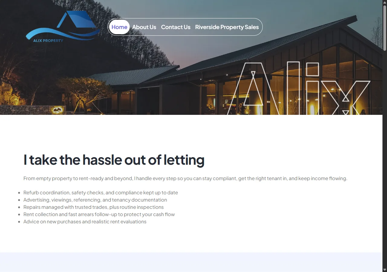 Alix Property website with its blue logo over an architectural photograph and its lettings introduction.