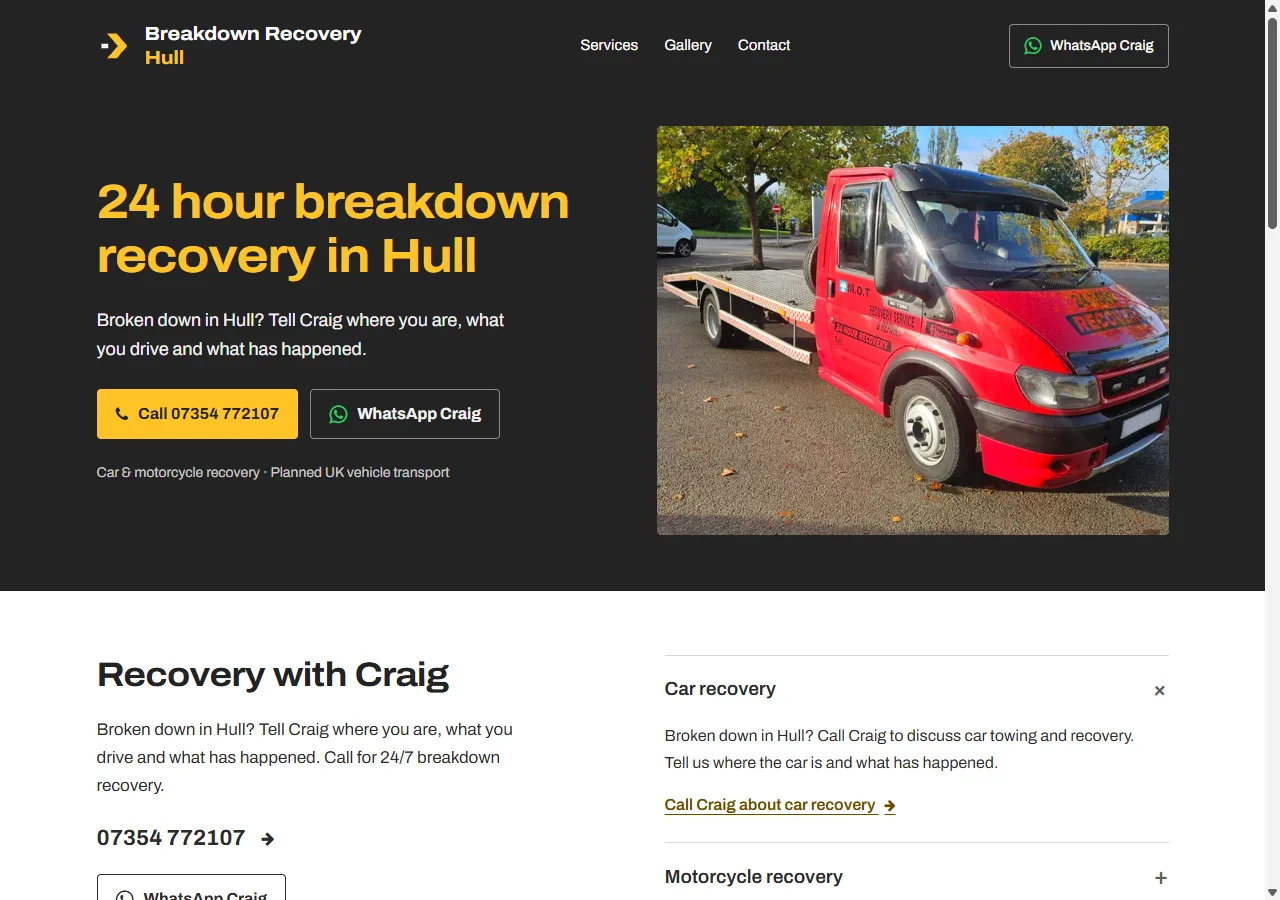 Breakdown Recovery Hull website showing its recovery headline, contact buttons and Craig’s red recovery truck.
