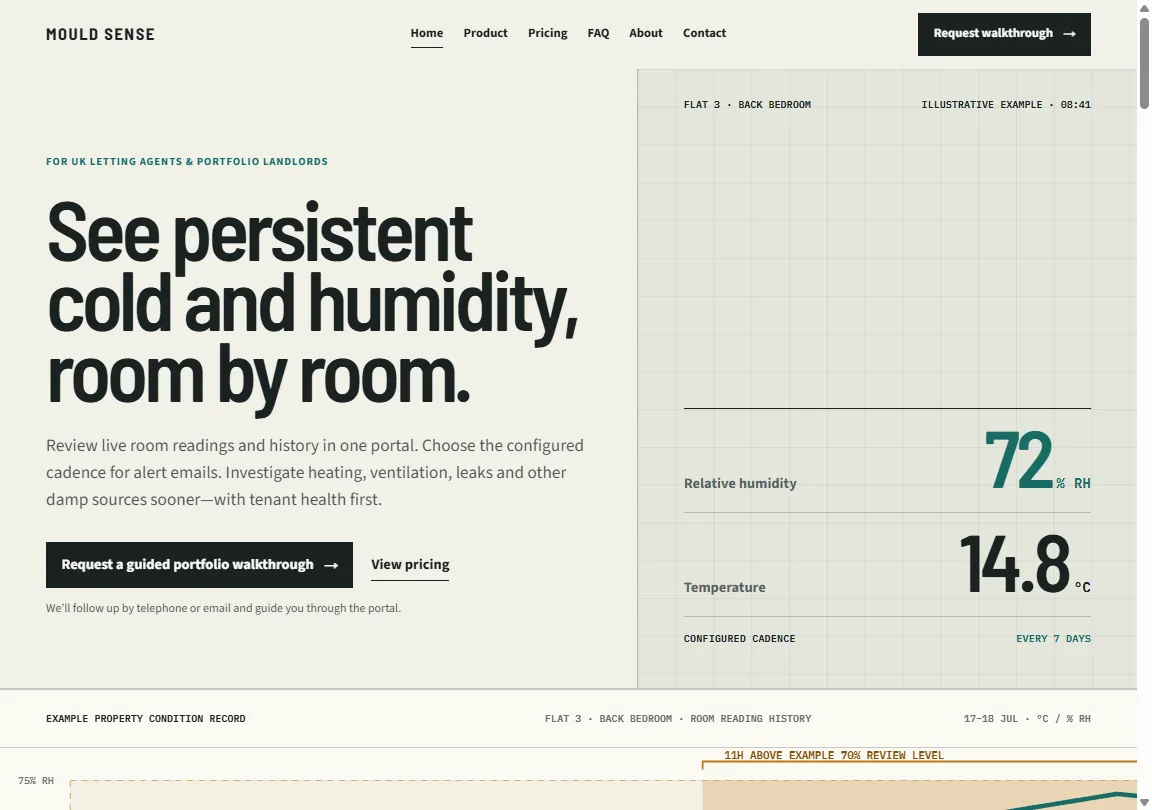 Mould Sense public product website with clearly labelled illustrative room temperature and humidity readings.