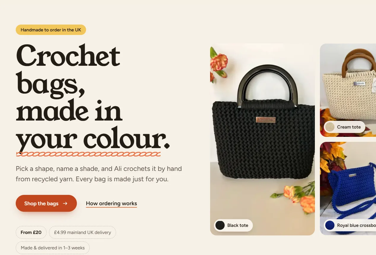 Tote-Ali Hooked website showing crochet bags in black, cream and blue beside its handmade-to-order introduction.